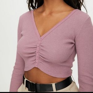 Aritzia TNA ruched thermal crop longsleeve mauve